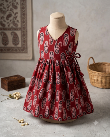 Red Paisley Wrap-Style Cotton Dress