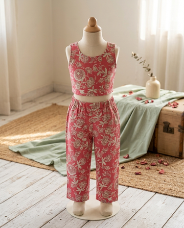 Cotton Pink Floral Crop Top & Pants Cord Set