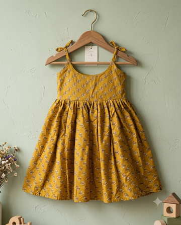 Mustard Yellow Ditsy Floral Tie-Strap Dress