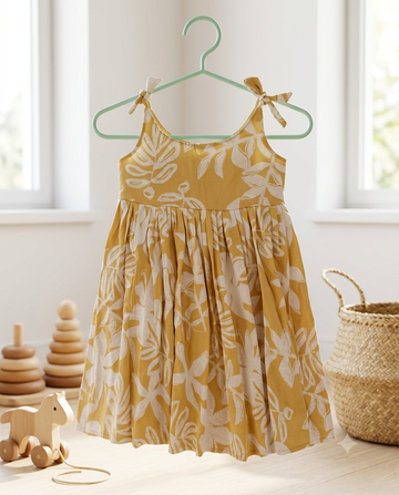 Mustard Tropical Leaf Print Tie-Strap Dress