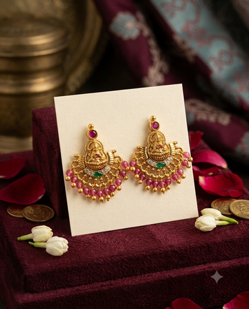 Antique Gold Lakshmi Pink Bead Chandbali Earrings