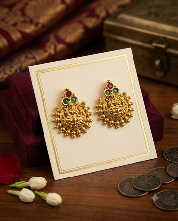 Antique Gold Lakshmi Beaded Round Earrings