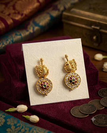 Antique Gold Peacock Round Drop Earrings