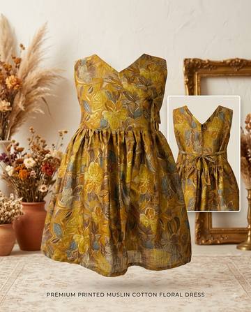 Golden Mustard Floral Muslin Cotton Dress