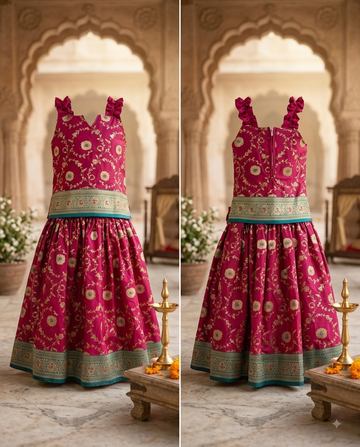 Magenta Pink Silk Floral Lehenga Set with Ruffle Straps