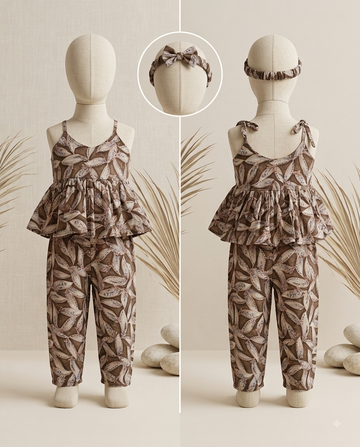 Olive Brown Leaf Print Peplum Co-ord Set with Headband