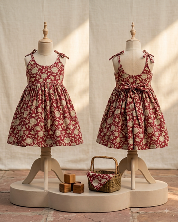 Maroon Floral Bow-Strap Cotton Dress