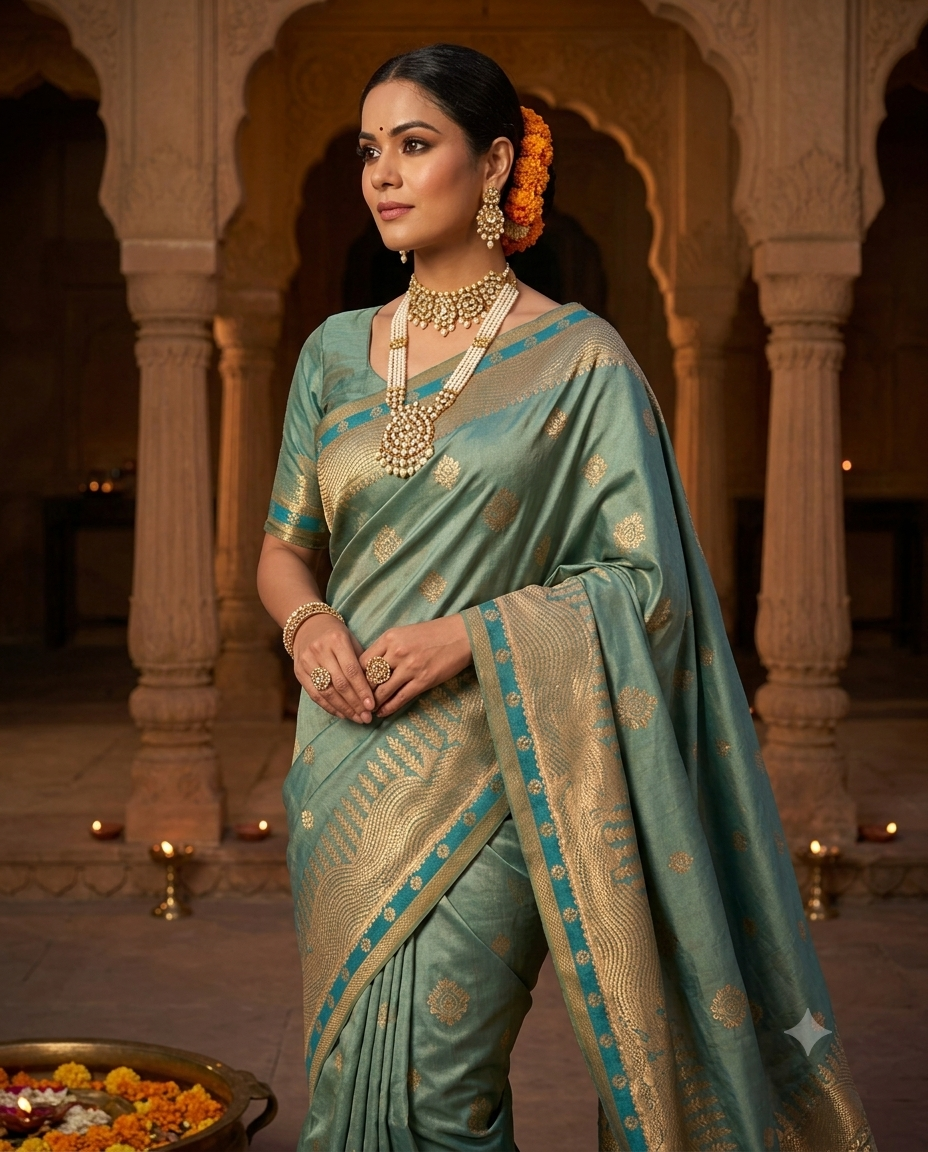 Sage green silk saree with gold zari border