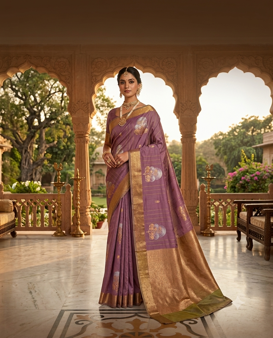 Mauve silk saree with gold zari border