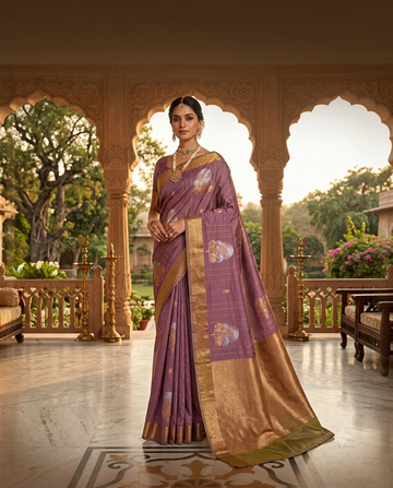 Mauve silk saree with gold zari border
