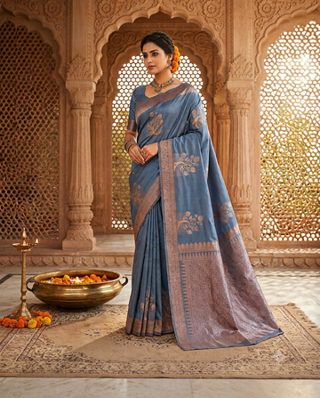 Steel Blue Saree with Rust Gold Tree Motif Border