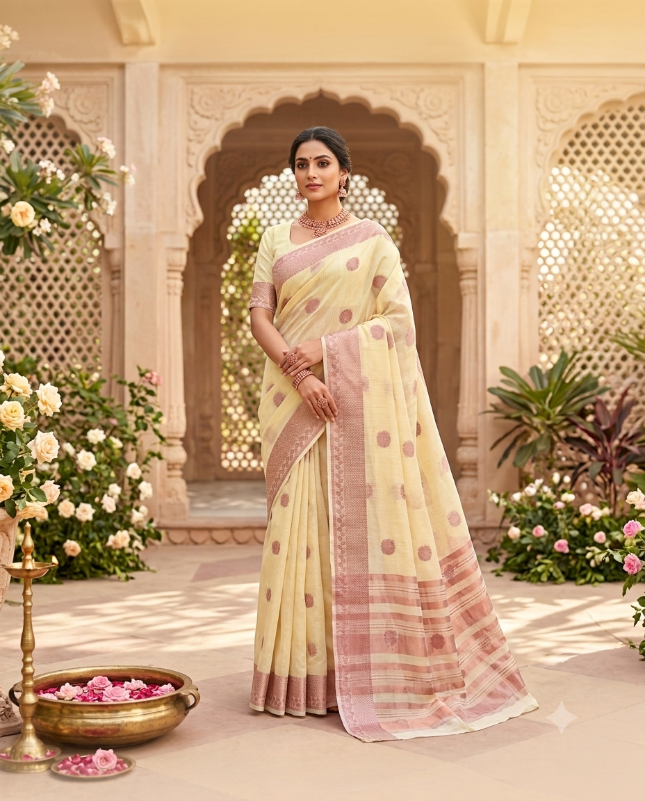 Ivory cotton saree with pink polka dot motifs