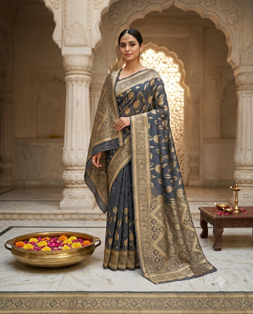 Charcoal Grey Saree with Gold Floral Border