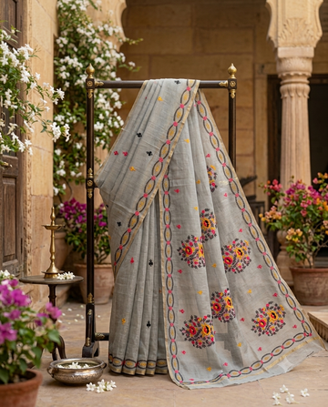 Kantha Hand Work Cotton Saree with Floral Bunches