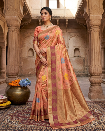 Peach Silk Saree with Floral Print