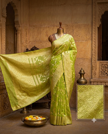 Lime Green Saree with Self-Tone Floral Weave