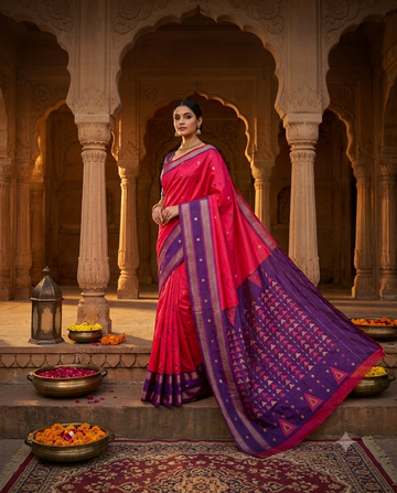 Hot Pink Saree with Purple Triangle Border