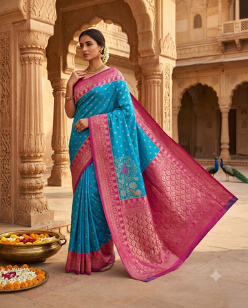 Turquoise Blue Saree with Pink Peacock Scale Border