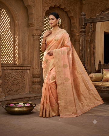Peach Saree with Gold Leaf Booti