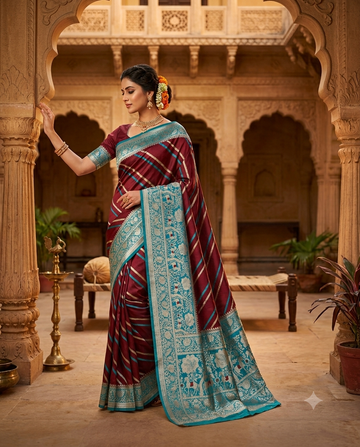 Maroon Striped Saree with Teal Floral Border