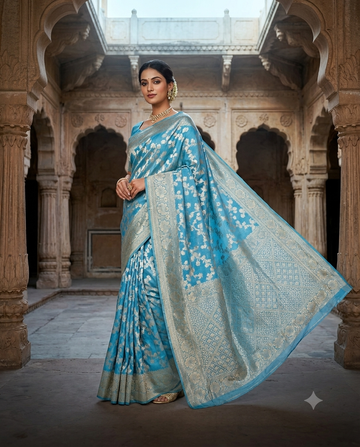 Sky Blue Saree with Silver Floral Weave
