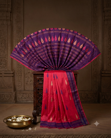 Purple Pink Silk Saree with Tricolour Tree Motif Border