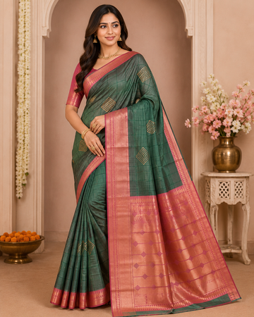Bottle Green Checked Saree with Copper Pink Border