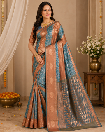 Teal Blue Saree with Rust Brown Paisley Border