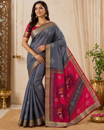 Grey Peacock Motif Soft Silk Saree with Pink Pallu