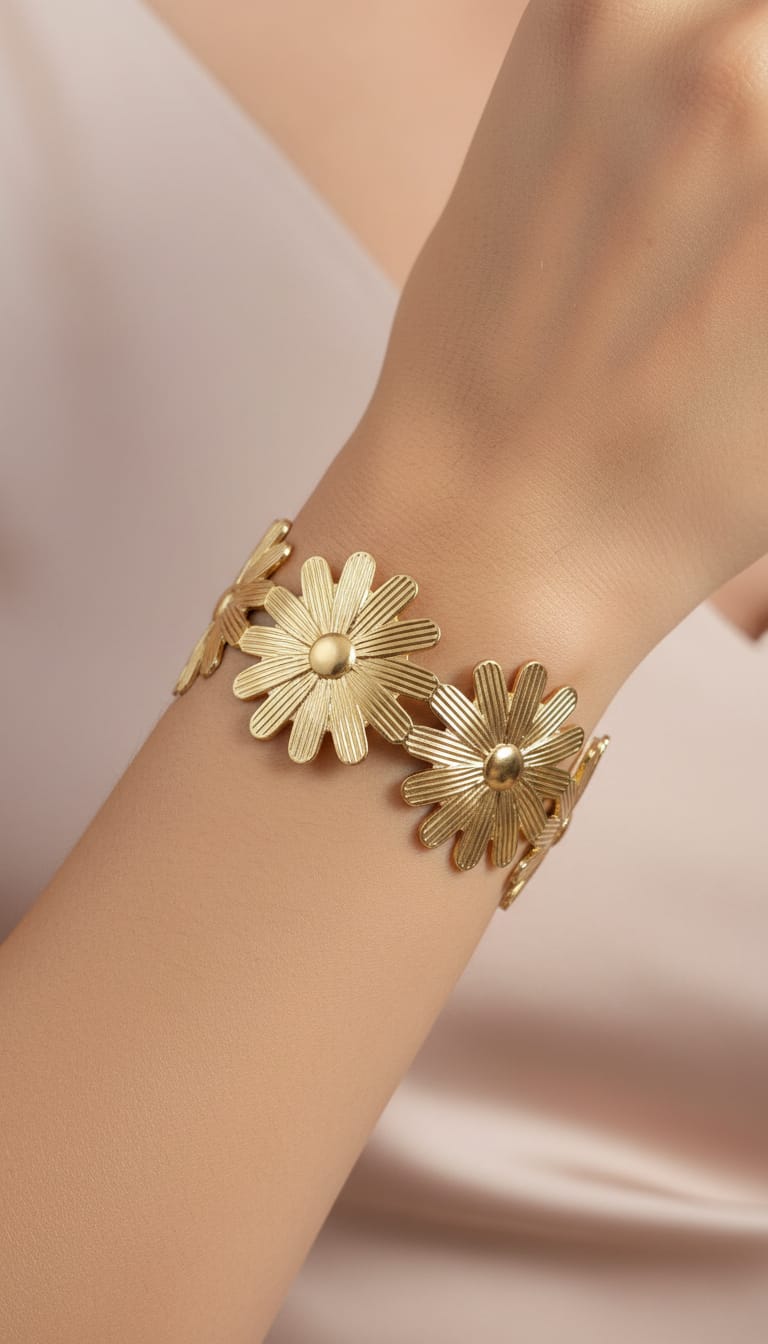 Gold daisy flower link bracelet