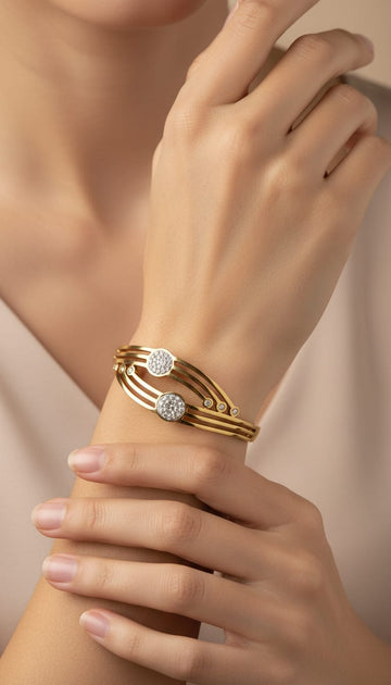 Gold multi-row bangle with pave circles