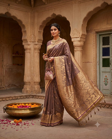 Mauve Brown Silk Saree with Gold Floral Pallu