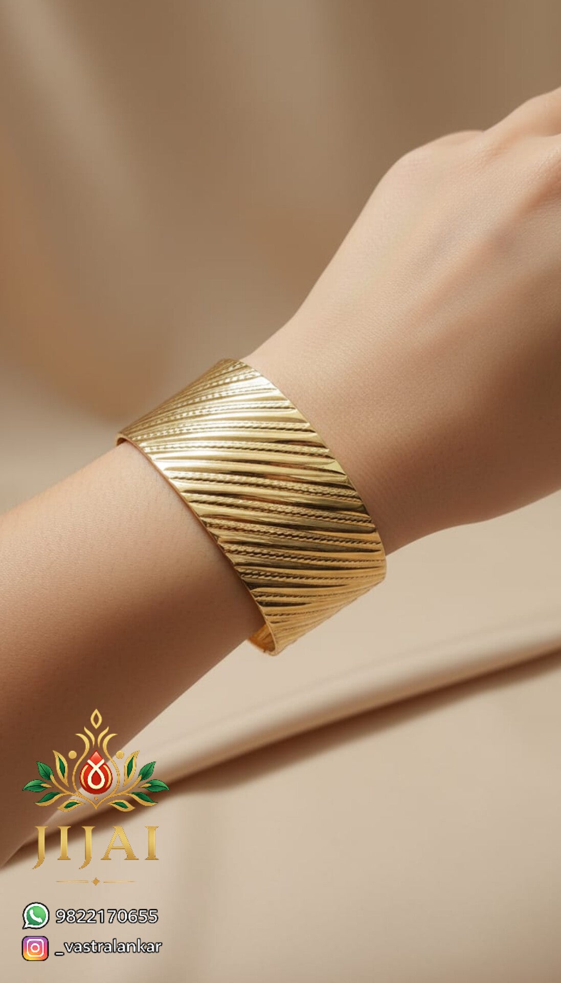 Gold ribbed diagonal cuff bracelet alternate view