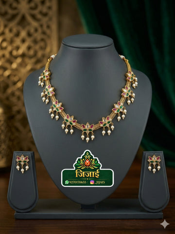 Ruby Emerald Floral Pearl Necklace Set