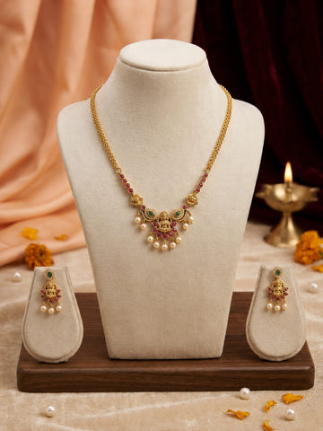 Antique Gold-Plated Temple Necklace & Earring Set with Ruby, Emerald & Pearl Drops