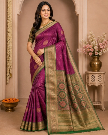 Purple Magenta Silk Saree with Green Temple Border