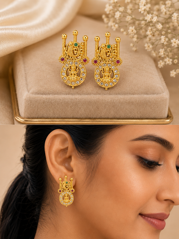 Antique Golden Lakshmi Pillar Drop Earrings