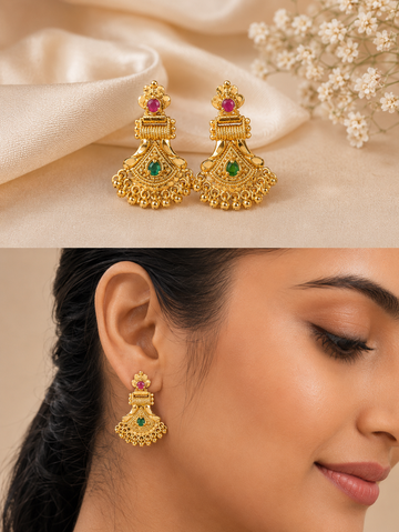 Antique Pancha Loham Golden Chandbali Earrings with Emerald Drop