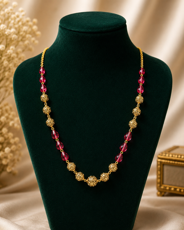 Pink Beaded & Antique Gold Ball Necklace