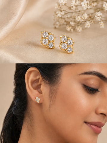 Golden Cubic Zirconia Cluster Stud Earrings