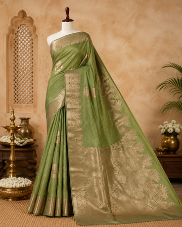 Olive Green Saree with Gold Fan Floral Border