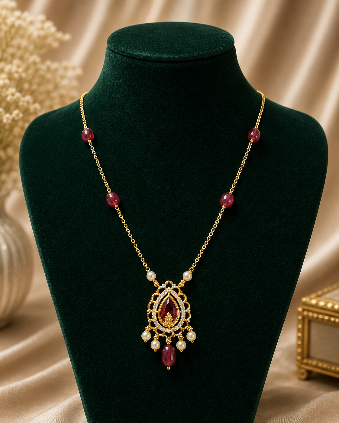 Ruby Teardrop & Pearl Pendant Necklace