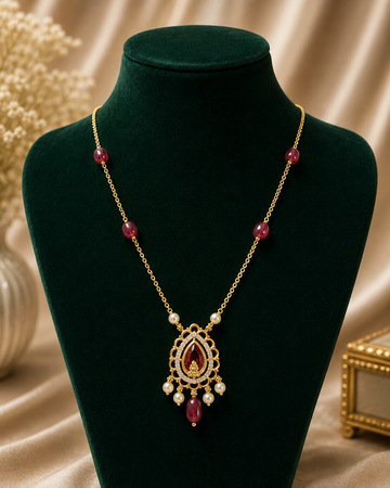 Ruby Teardrop & Pearl Pendant Necklace