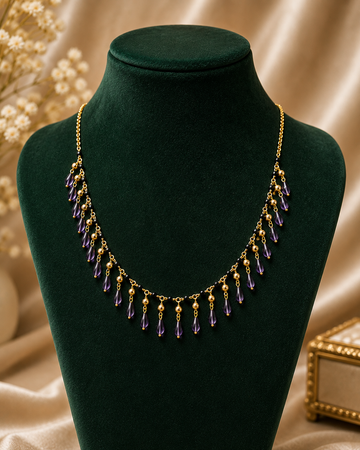 Amethyst Drop & Gold Bead Fringe Necklace