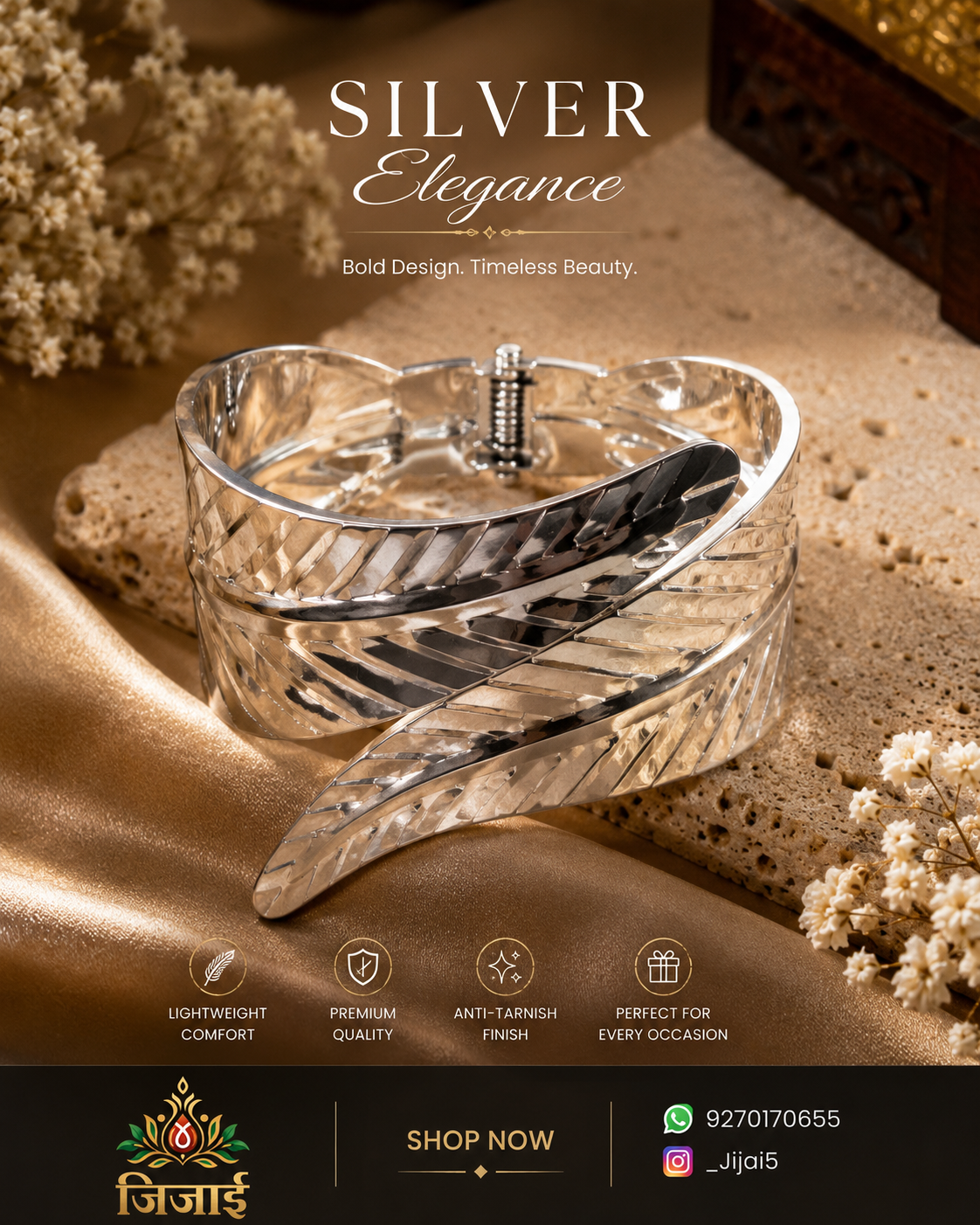 Silver leaf design cuff bracelet