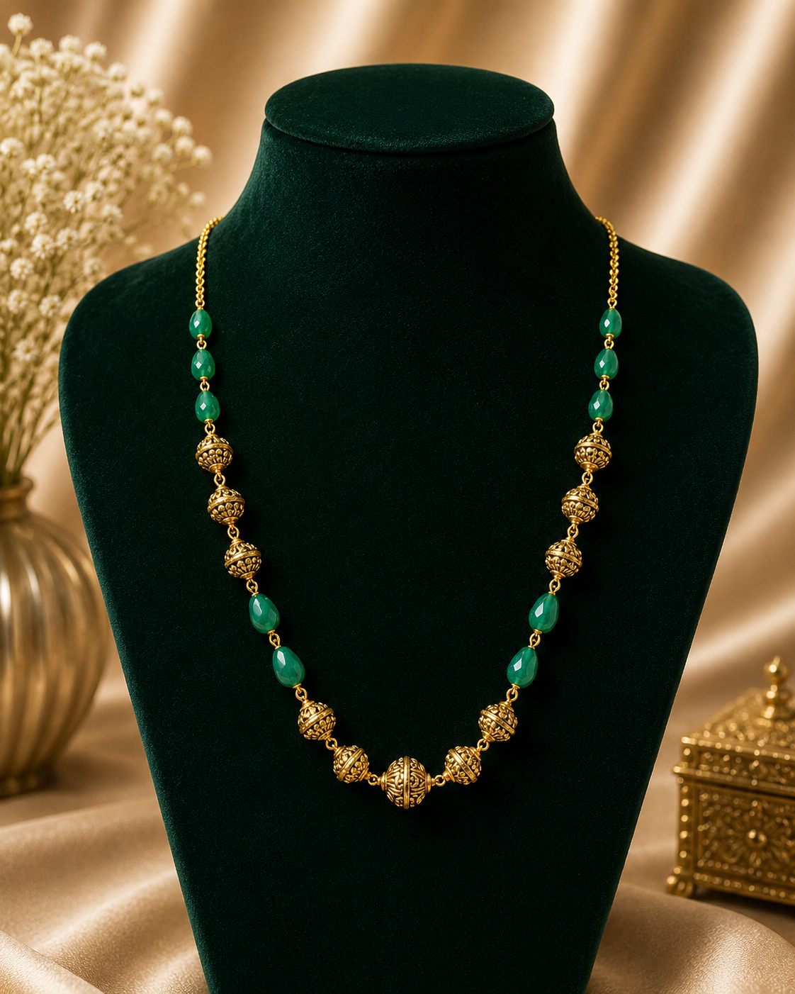 Green Onyx & Antique Gold Beaded Necklace