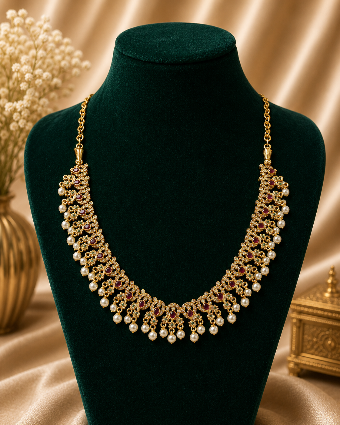 Ruby & Emerald Pearl-Drop Kundan Necklace