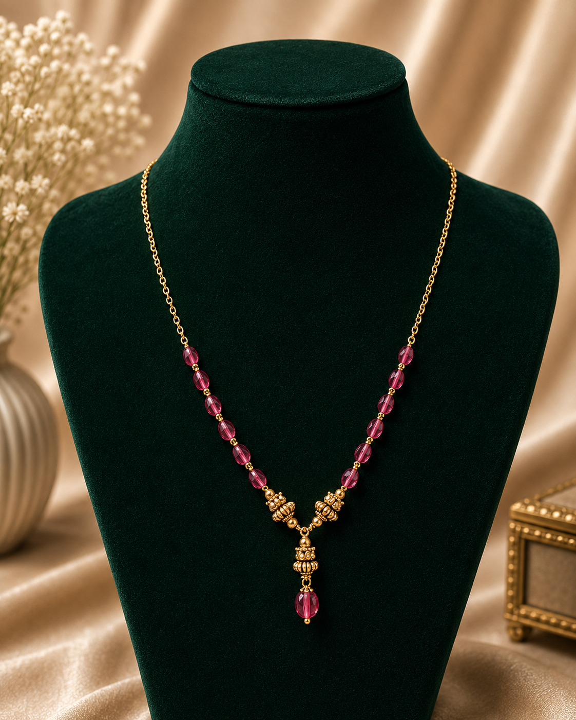 Pink Tourmaline & Antique Gold Drop Necklace