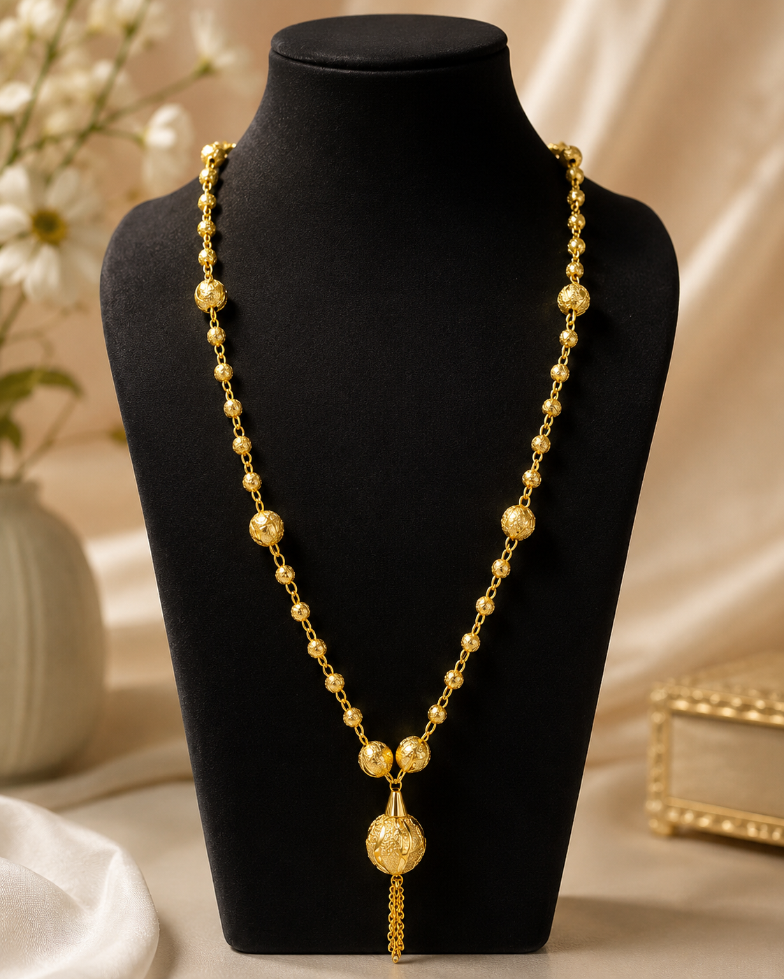 Antique Gold Bead & Tassel Drop Necklace
