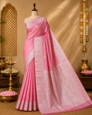 Pink Banarasi Saree with Silver Floral Border